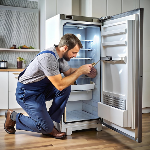 Photo a refrigerator with a malfunctioning ice maker being repaired