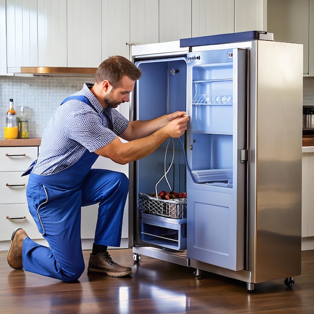 A refrigerator with a malfunctioning ice maker being repaired