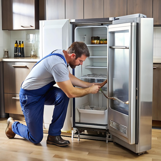 Photo a refrigerator with a malfunctioning ice maker being repaired