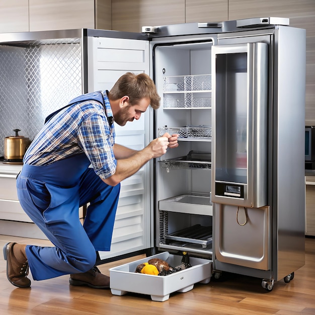 Photo a refrigerator with a malfunctioning ice maker being repaired