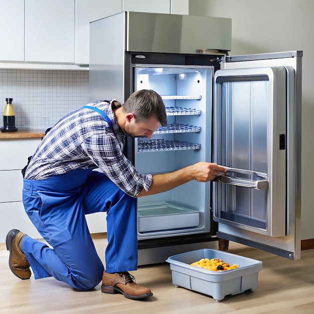 Photo a refrigerator with a malfunctioning ice maker being repaired