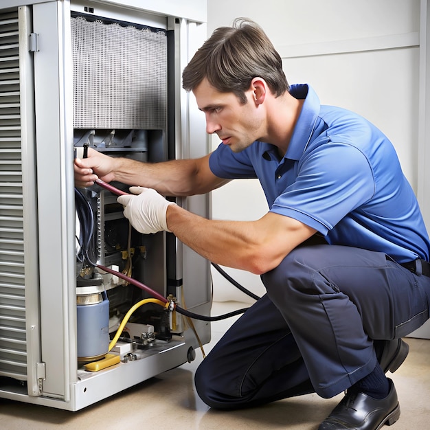 Photo a refrigerators compressor being replaced by a technician