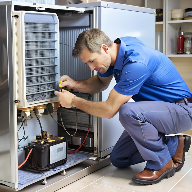 Photo a refrigerators compressor being replaced by a technician