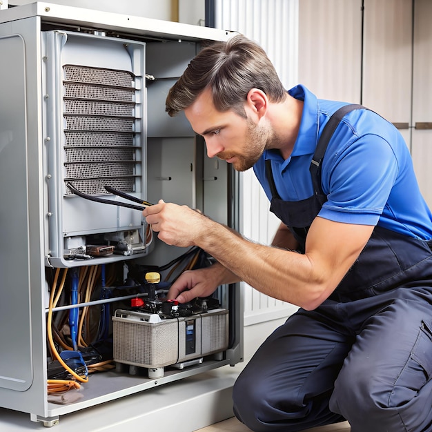 Photo a refrigerators compressor being replaced by a technician