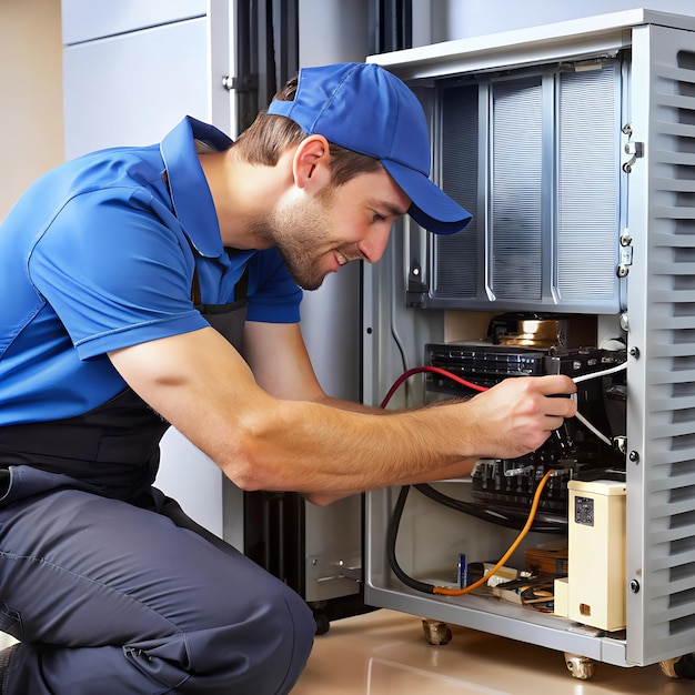 A refrigerators compressor being replaced by a technician