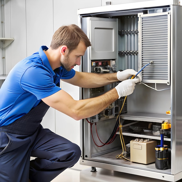 Photo a refrigerators compressor being replaced by a technician