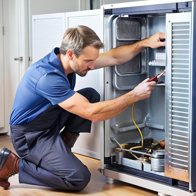 A refrigerators compressor being replaced by a technician