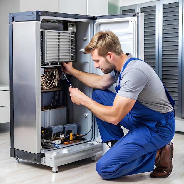 A refrigerators compressor being replaced by a technician