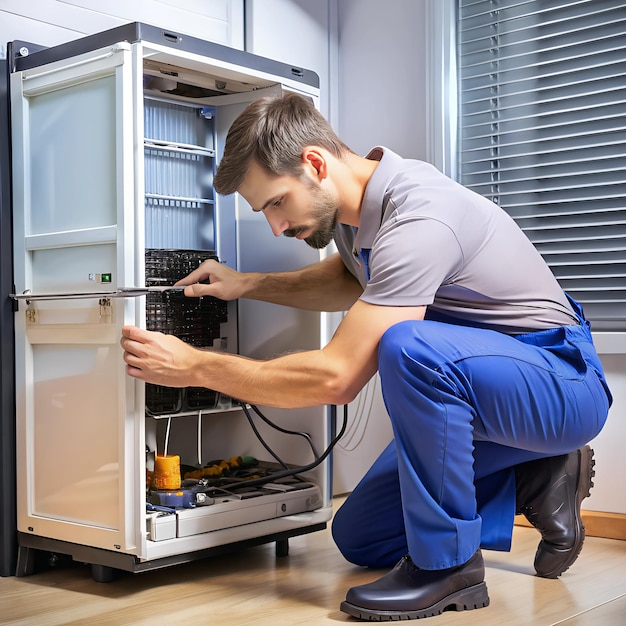 Photo a refrigerators compressor being replaced by a technician