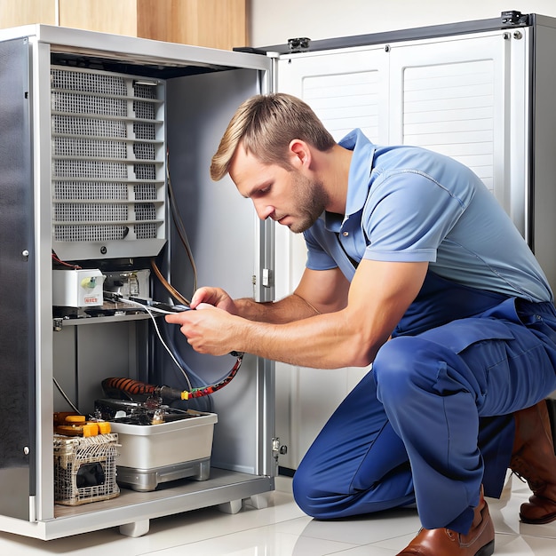 A refrigerators compressor being replaced by a technician