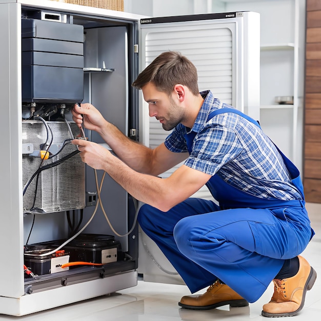 Photo a refrigerators compressor being replaced by a technician