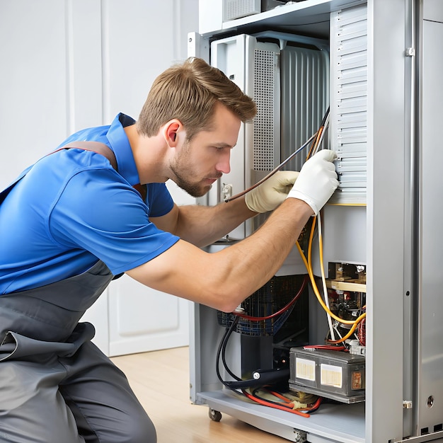 A refrigerators compressor being replaced by a technician