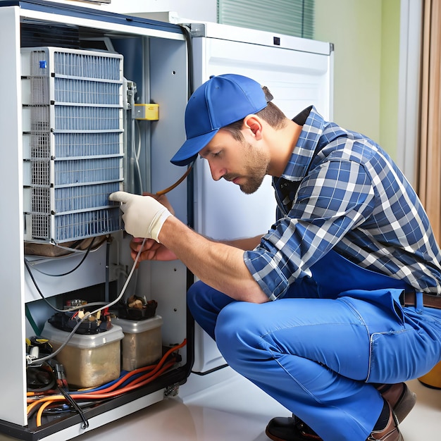 A refrigerators compressor being replaced by a technician