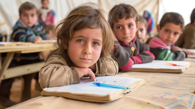 Refugee children attending makeshift school in a camp expressions of curiosity and eagerness to learn sense of education amidst adversity simple classroom setup focus on hope and future potential