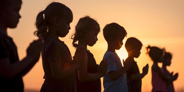 Refugee children in silhouette praying for hope and freedom on World Refugee Day Concept World Refugee Day Silhouette Photography Hope for Freedom Refugee Children