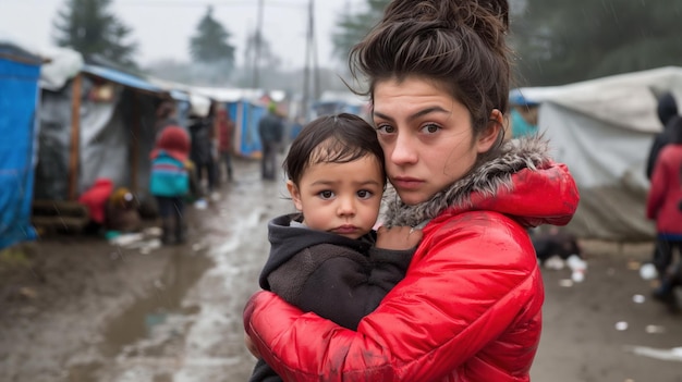 Photo refugee mother holding her child in a crowded camp expressions of worry and protection sense of maternal care and survival makeshift shelters and other families in the background