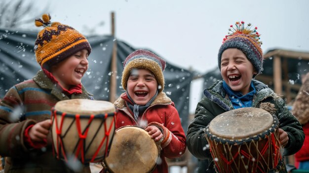 Photo refugees attending a cultural celebration in a camp expressions of joy and pride diverse backgrounds sense of maintaining traditions and cultural identity vibrant and festive atmosphere