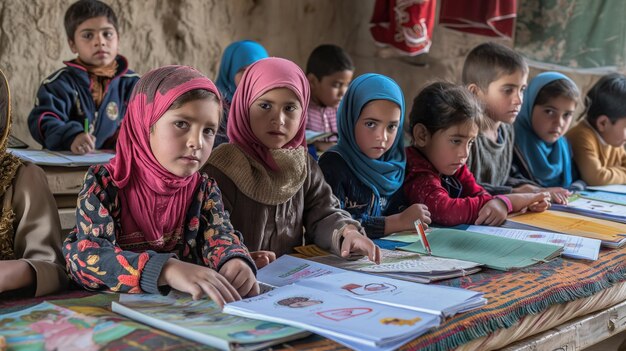 Refugees attending a makeshift school emphasizing the importance of education for displaced children and their future prospects