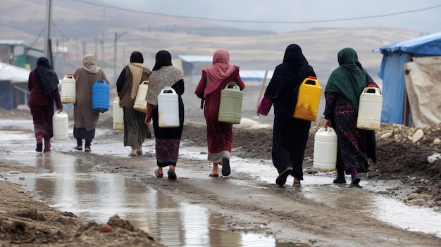 Photo refugees carrying water containers illustrating the daily struggles of accessing basic necessities in camps