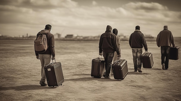 Refugees People With Luggage Walking In A Row Generative ai