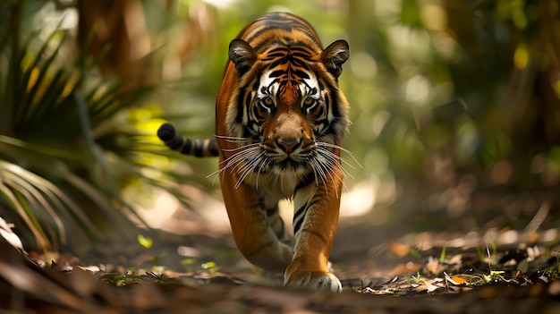 Regal Bengal tiger prowling through lush jungle A Bengal tiger prowls silently through the