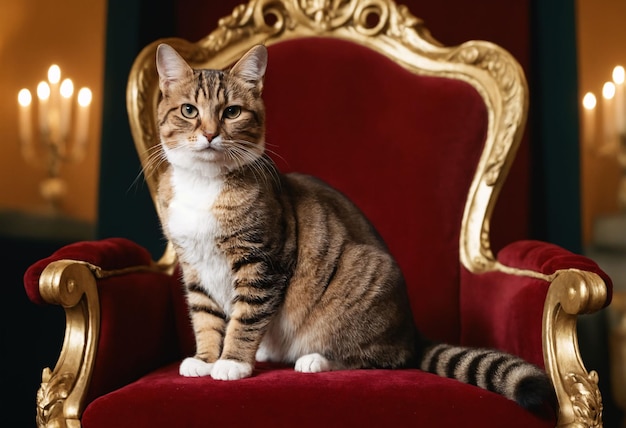 A regal cat perched on a velvet throne