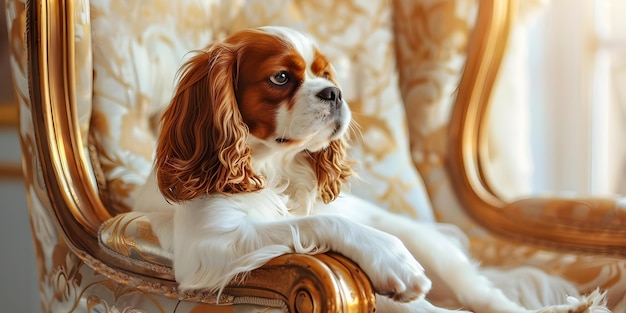 Photo regal and fluffy elegant king charles cavalier spaniel sitting on golden throne concept pets photography regal king charles cavaljson throne