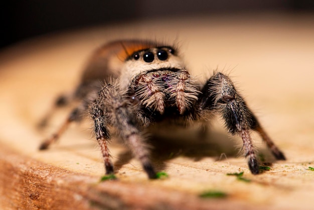 Regal jumping spider female on wooden background close up macro photo spider