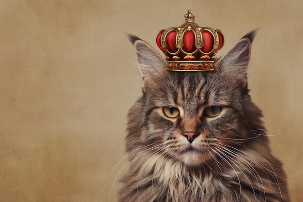 The regal and majestic feline monarch with a crown Whiskers And a furry vintage background illustration portrait of a royal cat in a fantasy domestic animal kingdom