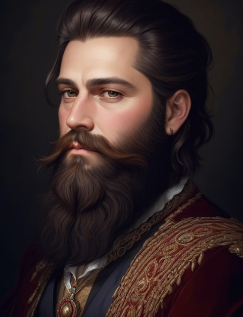 A regal portrait of a handsome man with a thick luxurious beard rendered in a classic oil painting