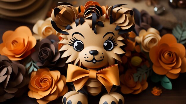 Photo regal roar lion with a brown bow