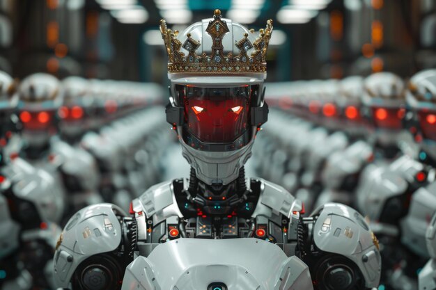 A regal robot with a golden crown red glowing eyes stands before an army