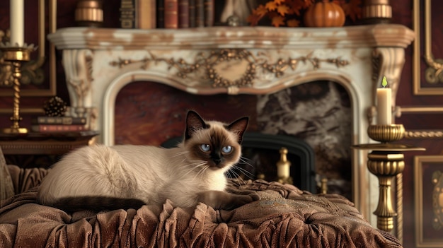 Photo a regal siamese cat poses before a fireplace in a luxurious setting