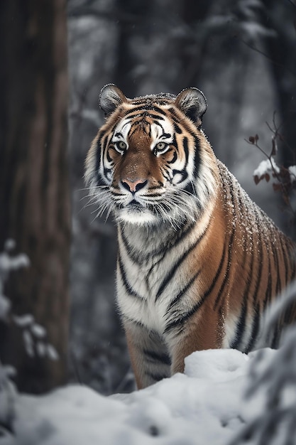 regal Siberian tiger standing in a snowcovered forest its thick fur providing warmth against