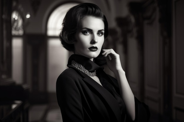 Regal and sophisticated woman with a powerful gaze and bold fashion in a grand setting