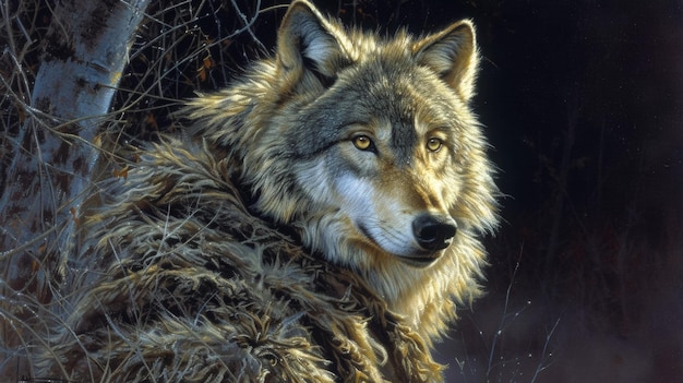 The regal wolf draped in a furtrimmed cloak gazes into the moonlit forest