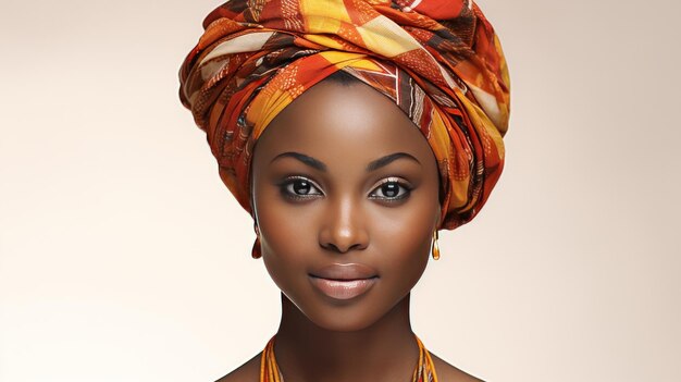 A regal woman adorned in a vibrant turban and intricate necklace