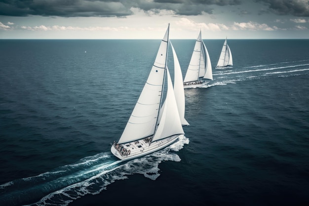 Regatta sailing ship yachts with white sails at opened sea in windy condition AI Generation