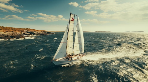 Regatta of sailing ships with white sails on the high seas Aerial view of a sailboat in a windy state Summer journey Generative AI