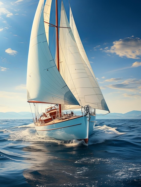 Regatta of sailing ships with white sails on the high seas Aerial view of a sailboat in a windy state Summer journey Generative AI