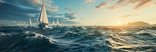 Regatta of sailing ships with white sails on the high seas Aerial view of a sailboat in a windy state Summer journey Generative AI