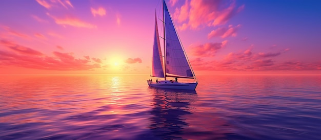 Regatta yacht with white sails sailing on the blue sea with a purple and orange sky at sunset