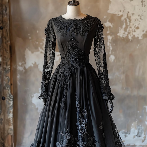 regency era inspired black wedding gown lace designs on a mannequin with no head