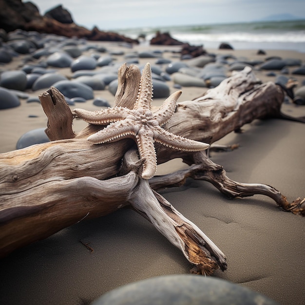 a regenerating starfish clinging to a piece of driftwood