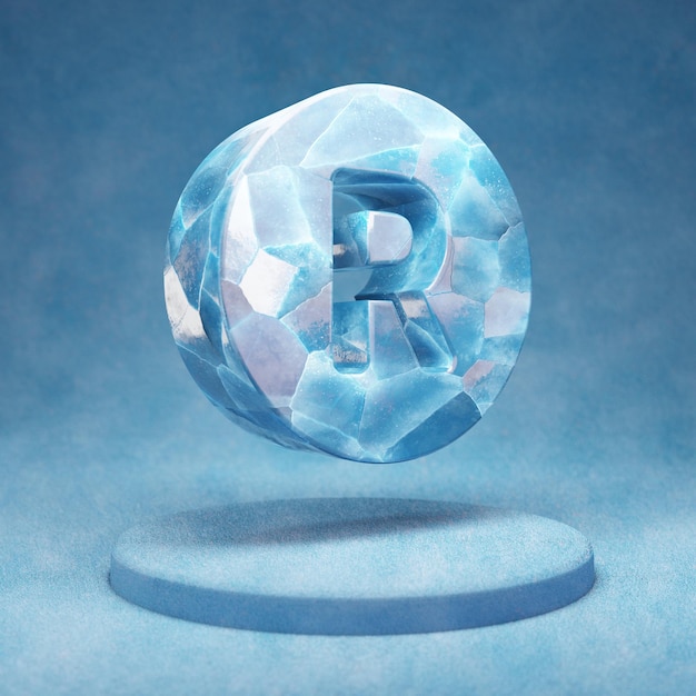 Registered icon. Cracked blue Ice Recycle symbol on blue snow podium. Social Media Icon for website, presentation, design template element. 3D render.