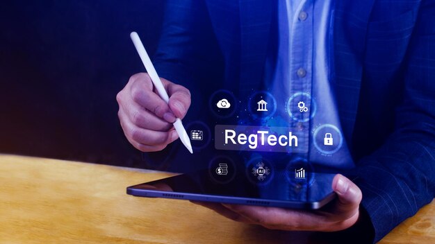 Photo regtech regulatory technology concept management of regulatory processes with financial industry through technology regulatory monitoring reporting and compliance machine learning tech