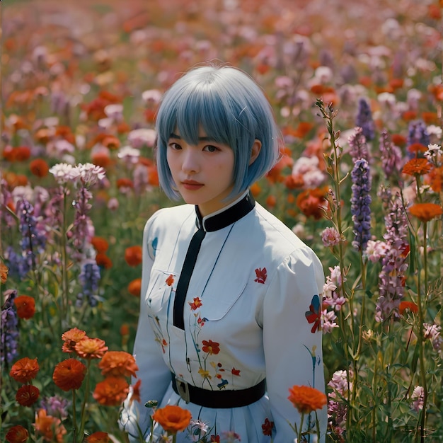 Rei Ayanami surrounded by a sea of colorful blooms