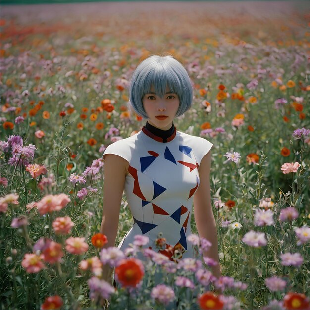 Rei Ayanami surrounded by a sea of colorful blooms