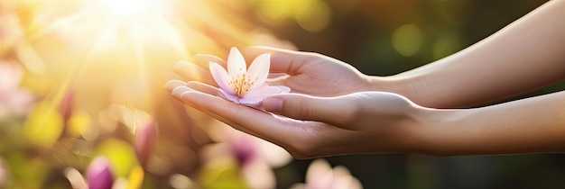 Photo reiki initiation ceremony with hands holding a lotus flower in a serene outdoor setting during sunset