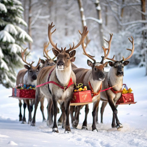 Photo reindeer are carrying a sled with a christmas tree in the background